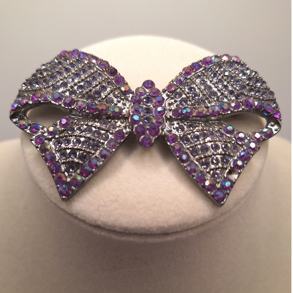 Vintage rhinestone bow brooch ribbon purple rhinestones glam retro estate large